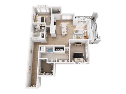 Floor plan for 2 beds, 2 baths, 1360 sqft